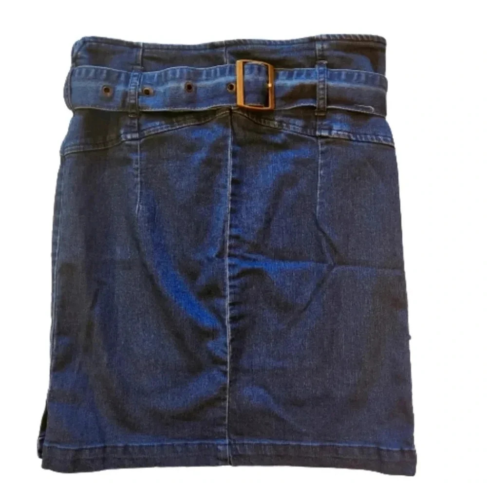 Free People dark wash gold belted denim mini skirt Size Small